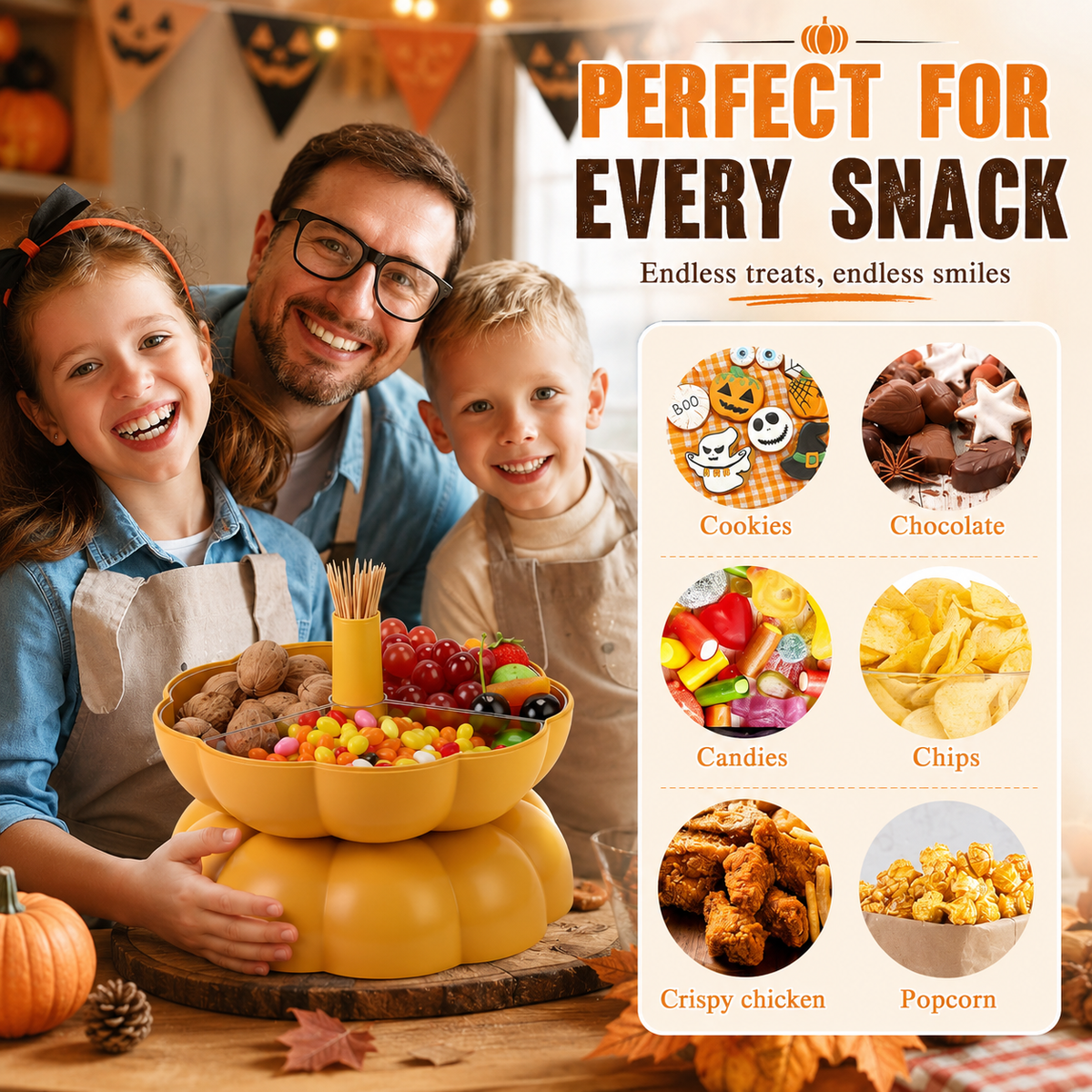 ๐ 2-Tier Pumpkin Snack Tray with Lid โ Fall Serving Platter for Candy, Fruit, Nuts & Holiday Parties