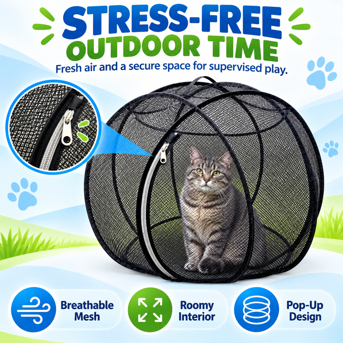 🐱 Pop-Up Cat Playpen – 32" Breathable Mesh Indoor & Outdoor Pet Enclosure